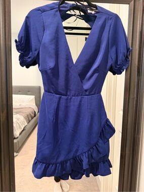 About A Girl Cobalt Blue V-Neck Ruffle Mini Dress